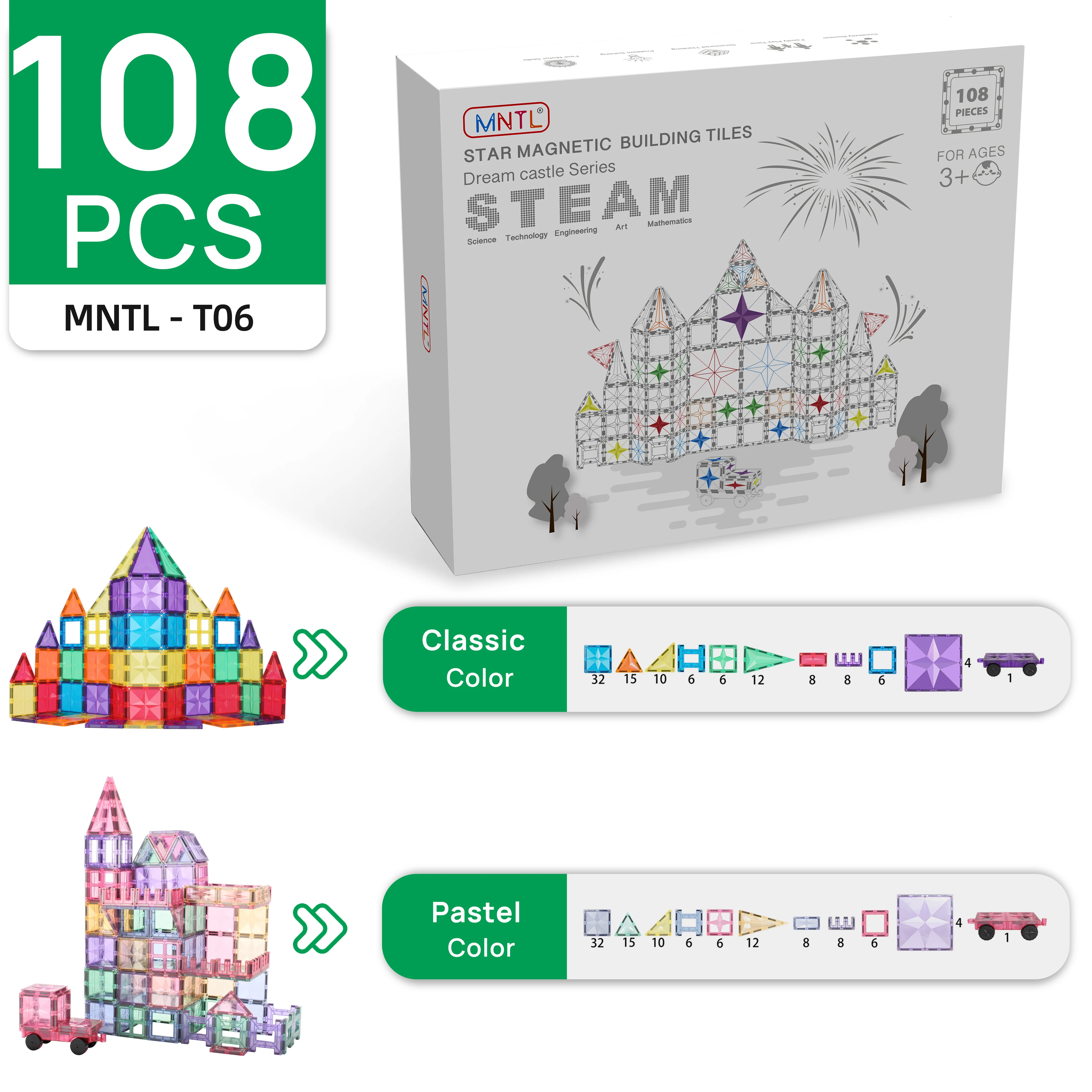Mntl 108pcs Magnetic Building Blocks 3d Diy Models Intellectual Star Magnetic Building Tiles Toys for Kids