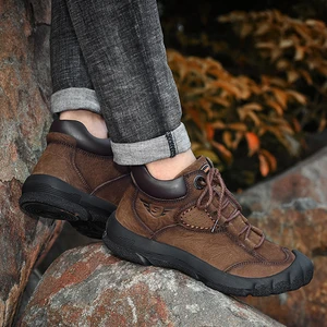 New Men Genuine Leather Causal Shoes Upper Waterproof Wear Resistant Non Slip Rubber Sole Outdoor Sport Work Hiking Shoes