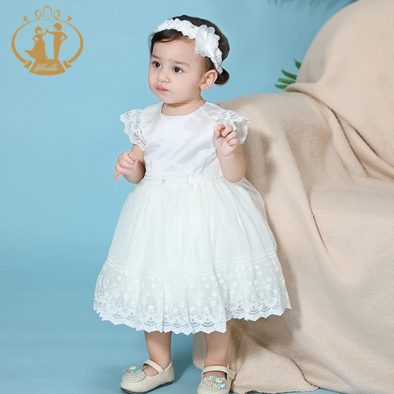 Nimble New Arrival Lace White Communion Dress for Girls Sleeveless Baby Girl Dress 2pc With Headband Baby Cotton Frocks Designs