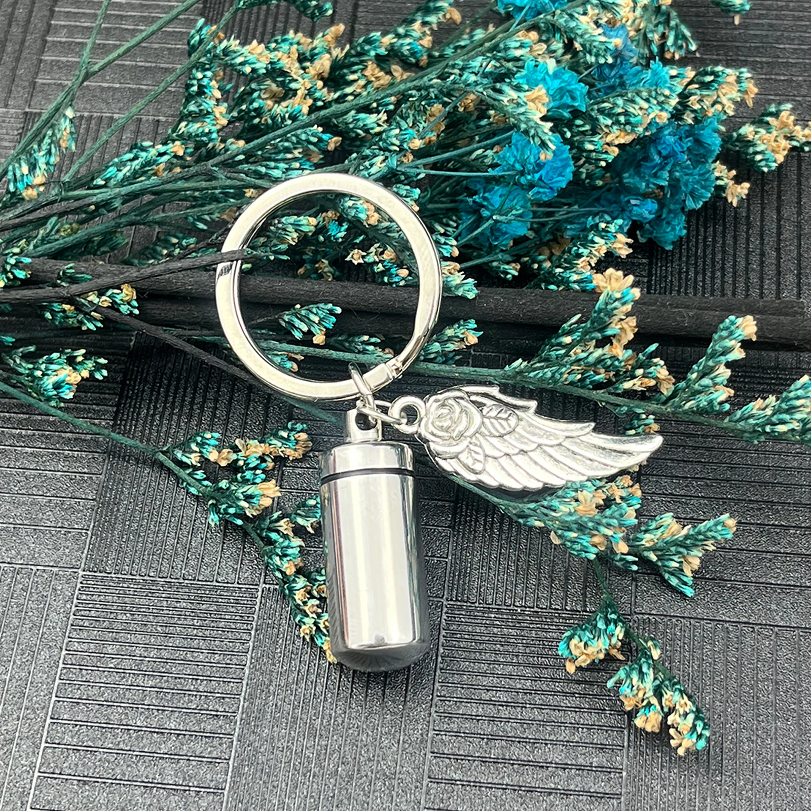 Personalized Cylinder with Wing Paw Cremation Urn Keychain Pendant  Memorial Ashes Keyring Keepsake Jewelry Gift for Women Men