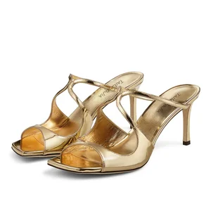 Gold Stylish Square Open Toe Mules Heels for Women Summer Ladies Stiletto Sandals High Heels Simple and Elegant Sandals