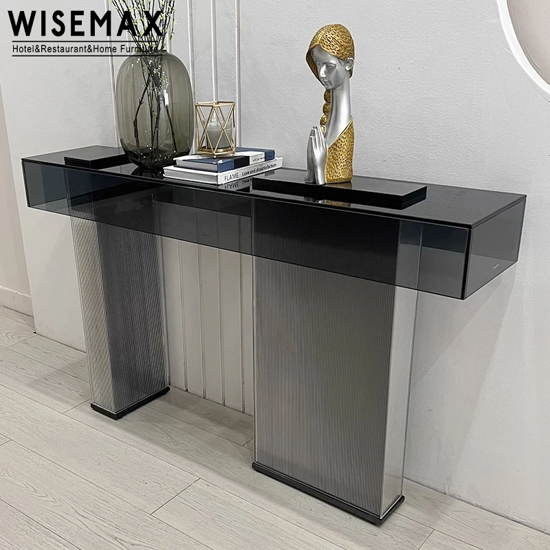 モダンで豪華な強化ガラスコンソールテーブル廊下装飾ステンレス鋼