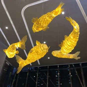 Indoor Decoration Light Japanese style Wood Fish Project Large Hotel Lobby Staircase Custom Chandelier Lamp