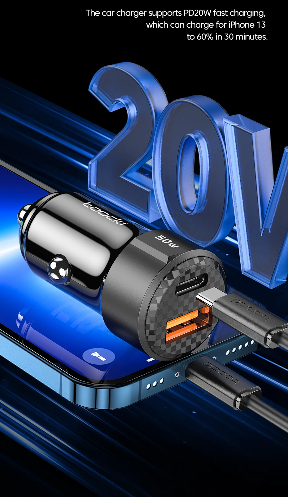 Toocki New Design 50w Universal Mobile Car Chargers Power A Type And