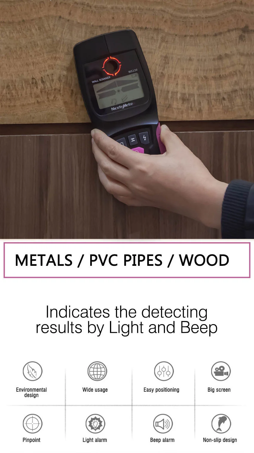 Detector de metales en pared, madera y cables, escáner portátil de pared  WS120