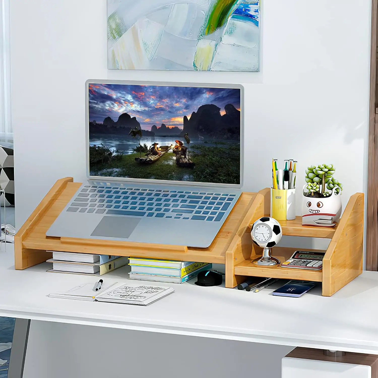 Computer Monitor Riser with 2 Tier Storage Shelf Bamboo Laptop Stand for Desk 3 Heights Adjustable Notebook Stand