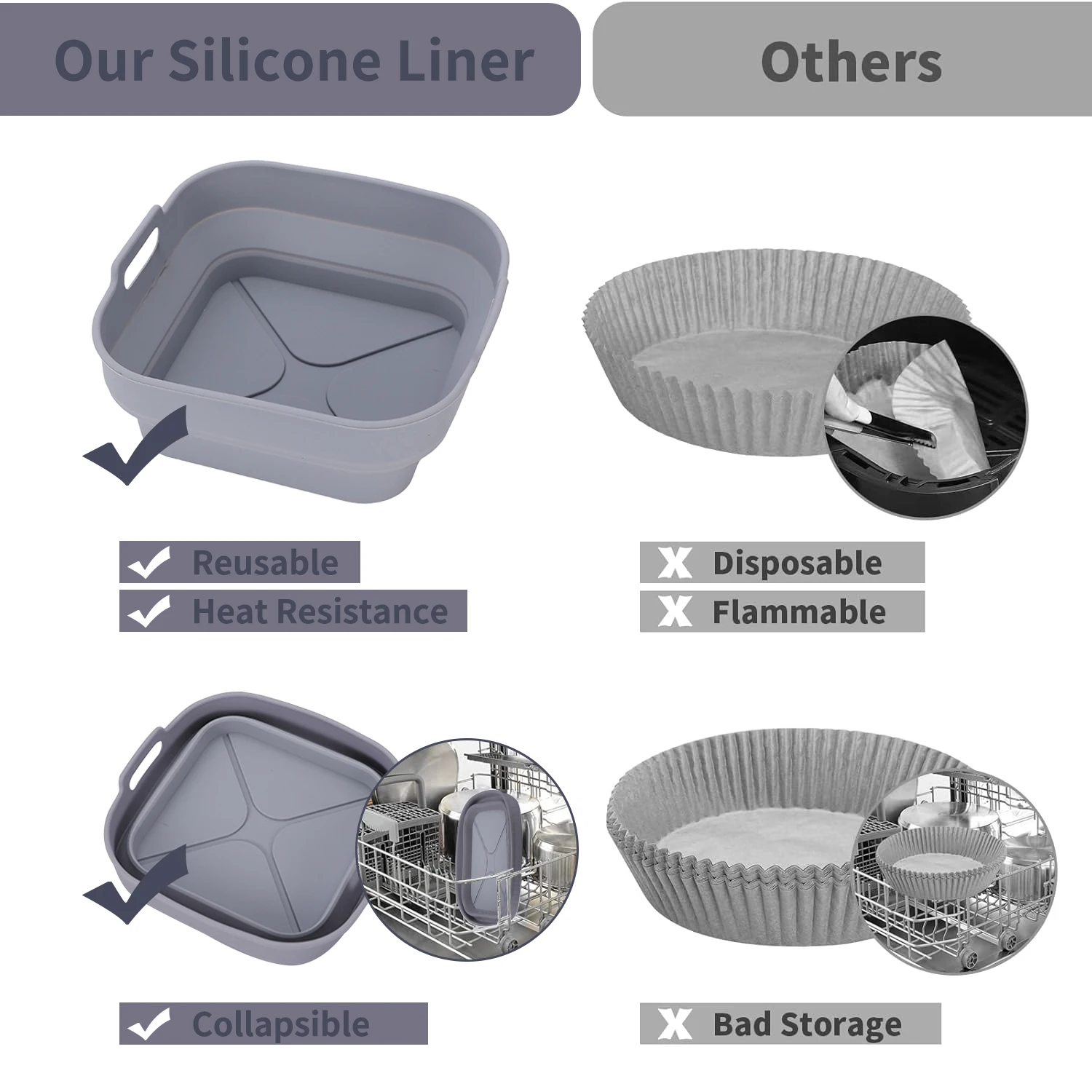 Alyvisun 2-Pack Silicone Air Fryer Liners (Grey) | Reusable, Foldable Basket Inserts For Easy Cleaning
