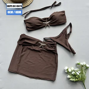2026 New Bandeau Quick Dry Women's Beach Bandeau Asymmetrical Covered Women's Bikini 3-Piece Swimsuit Tulle Cover Skirt