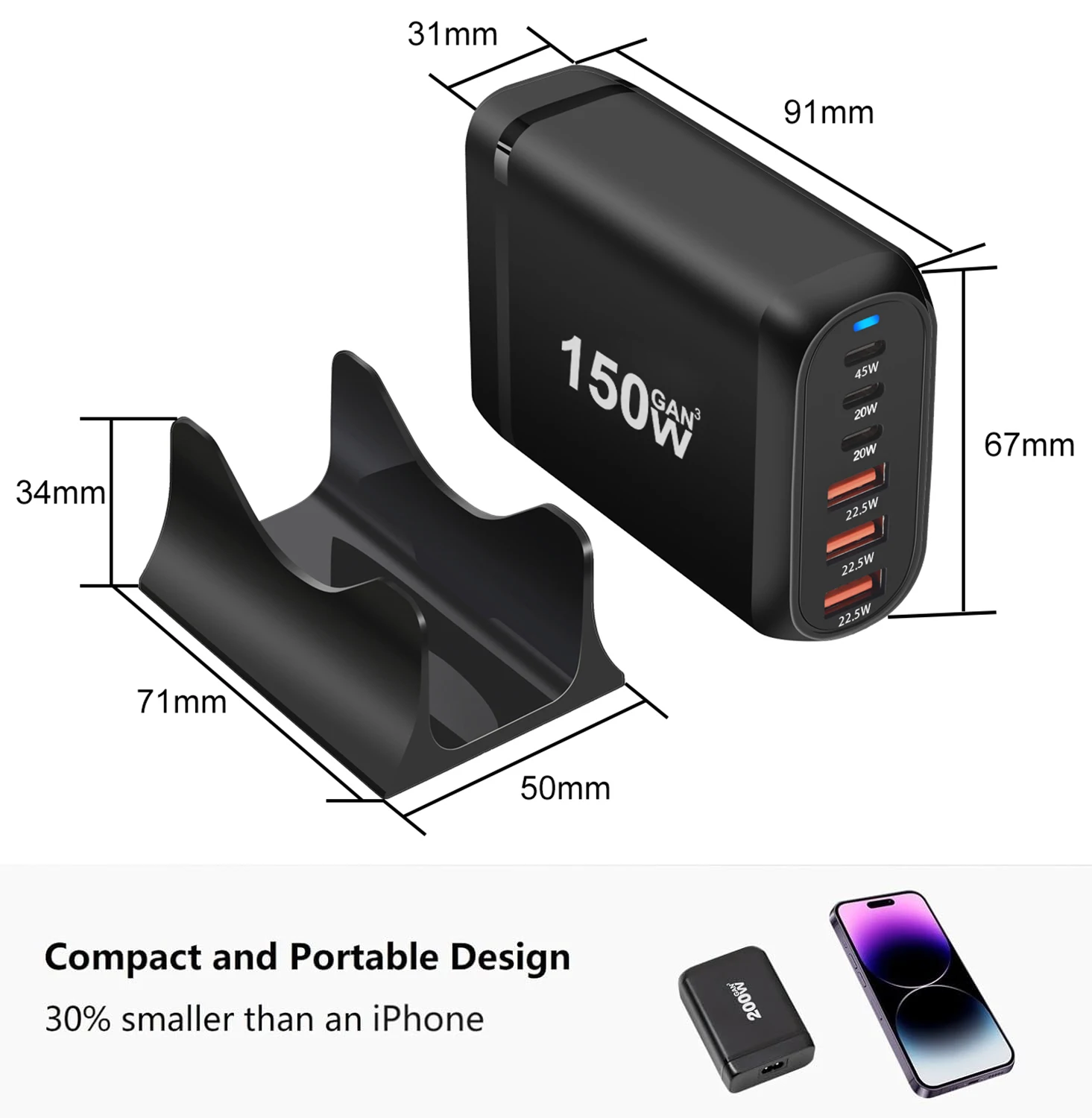 150W GaN 3 C型和3USB-A PD快速充电器适配器,适用于iPhone 15/16/17台式机