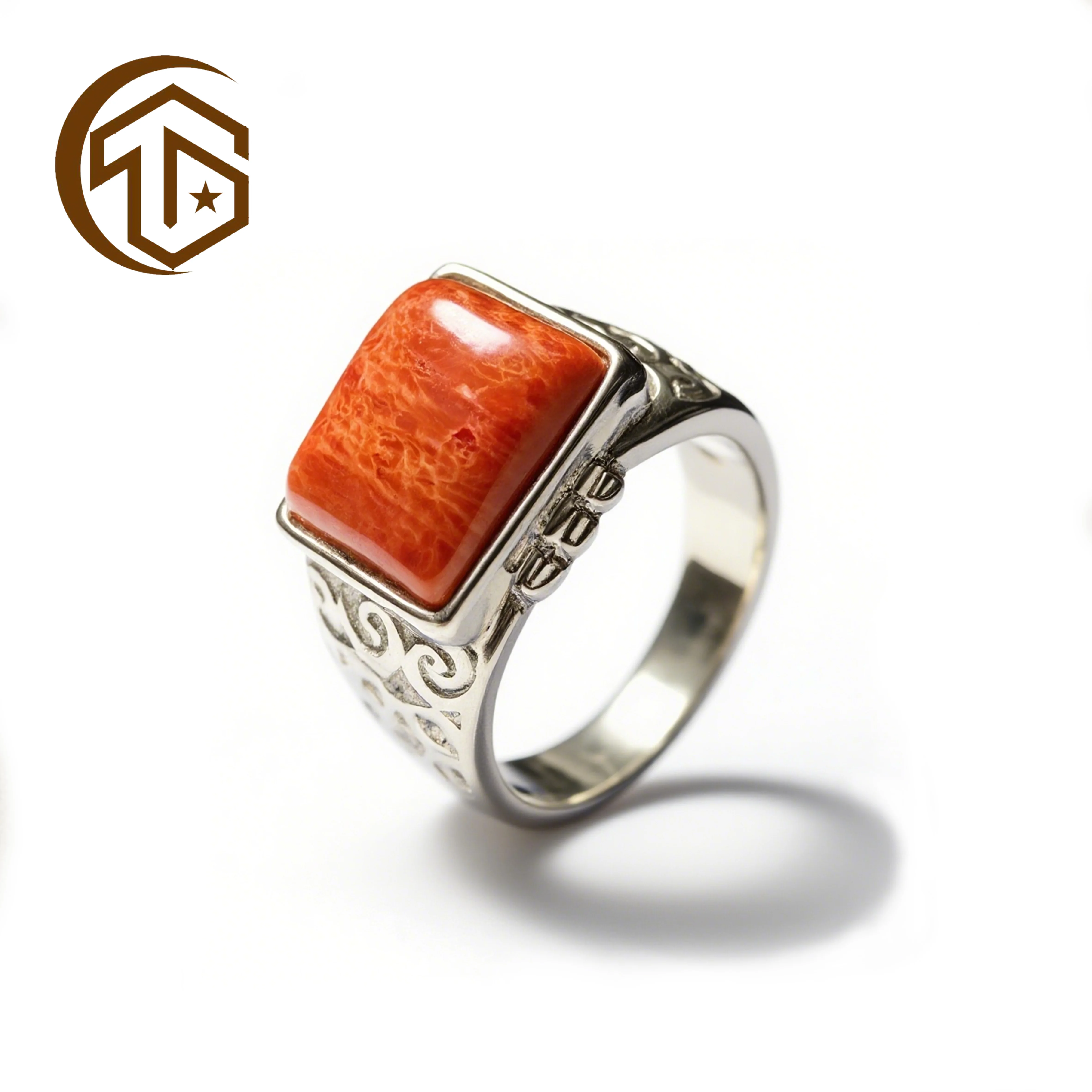 Trend Customizable Vintage Turkish Signet Ring High Quality 925 Silver with Red Coral Gemstone for Weddings