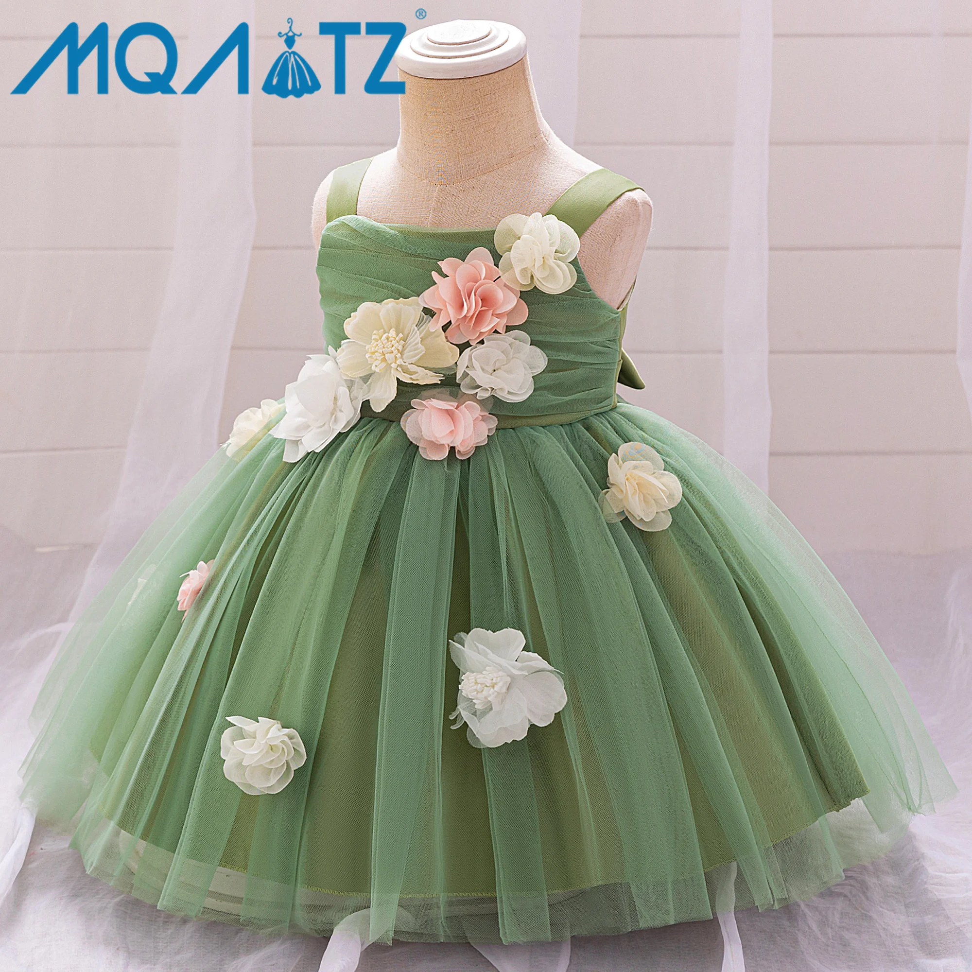 MQATZ Wholesale Kids Satin Frock Floral Design 1-Year Birthday Party Flower  Girl Dresses with Spaghetti Strap ODM Supply