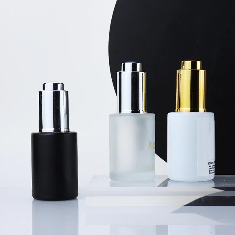 New Design Push Button Flat Shoulder 30ml Essential Oil Bottle Frosted Cosmetic Glass Dropper Bottle