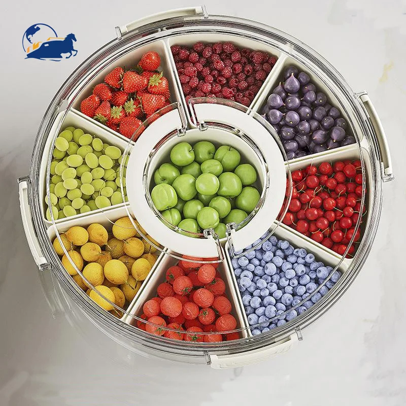 Large Capacity Portable Transparent 6-Compartment Spice Storage Box with Lid and Handle Rotating Kitchen Fruit Tray