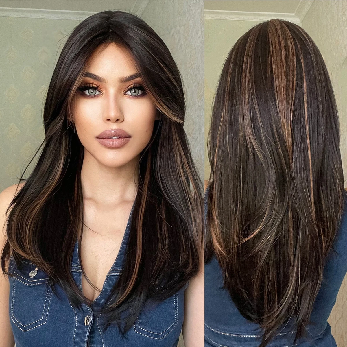 Factory Fast Delivery Long Straight Layered Synthetic Wig 