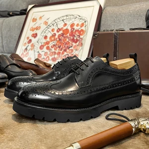 British Style Vintage Carved Business Genuine Leather Handmade Lace up Wedding Breathable  Dress Shoes for Men