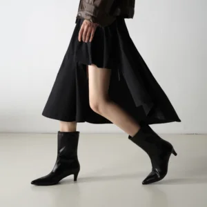 Women's Fall Winter Kitten Heel Patent Booties Glossy Mid Calf Dress Boots Slip-On Closure Office Chic Ankle Shaft Western Style