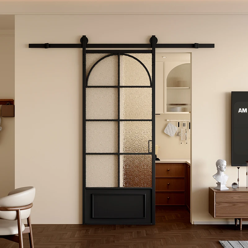 French Retro Panoramic Sliding Door Modern Simple Hanging Rail Design for Interior for Toilet Bedroom Restaurant Use Fiberglass