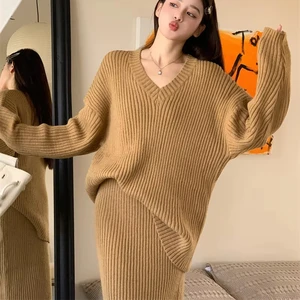 New Autumn and Winter Loose Round Neck Knitted Sweater Slimming Skirt Two-piece Set for Women