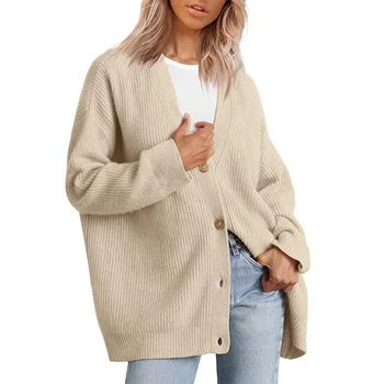 2024 European American Style Women's Knitted Button V-Neck Pure Color Sweater Versatile Simple Cross-Border Clothing on