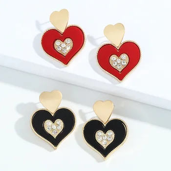 New Crystal Dropping Oil Heart Shaped Ornaments Women Sparkling Rhinestone Big Statement Enamel Peach Heart Y2K Style Earring