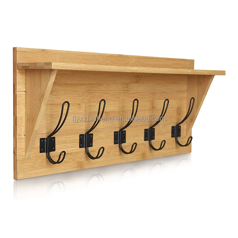 product wholesale bamboo wall mounted coat rack with shelf and 5 coat hangers touch for your entryway mudroom kitchen bathroom and more-6