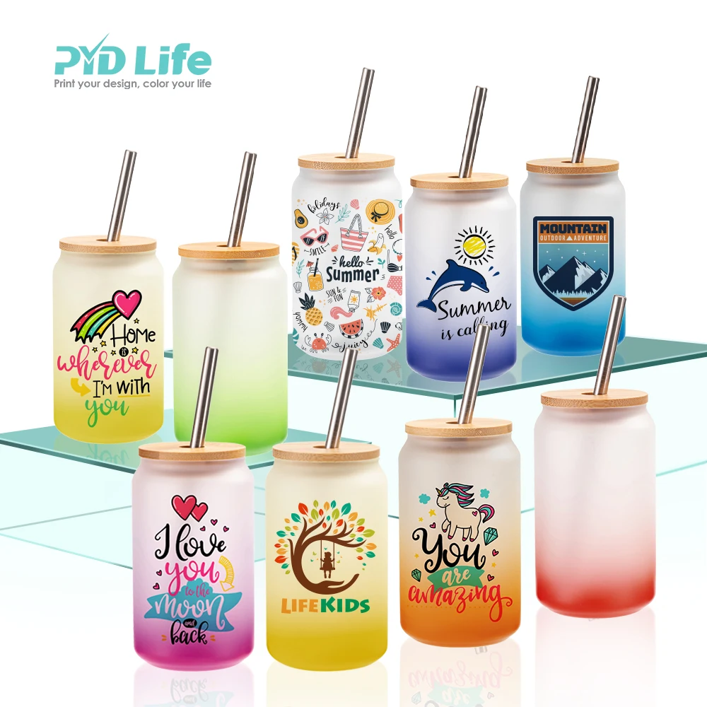 PYD Life Sublimation Glass Blanks Beer Cans Clear 13 oz with Bamboo Lid and Clear Glass Straw Tall Mason Jar Tumbler Cups Mugs for Tumbler Heat