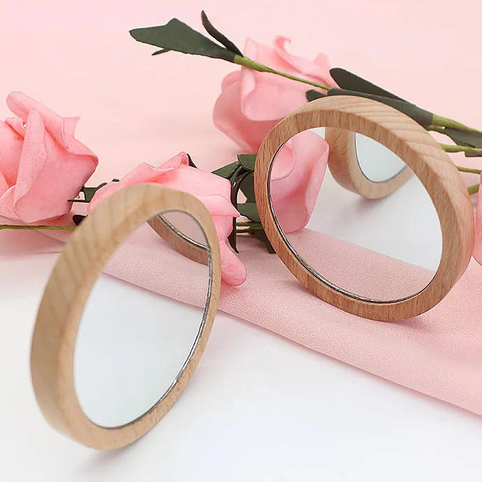 Зеркало для макияжа серебряное круглое косметическое зеркало деревянная ручная зеркальная рамка с пользовательским логотипом оптовая продажа карманная деревянная Корейская опора