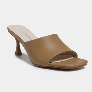 Best Selling Summer Kitten-Heel Mule Sandals Camel Leather Square-Toe Style Heeled Shoes