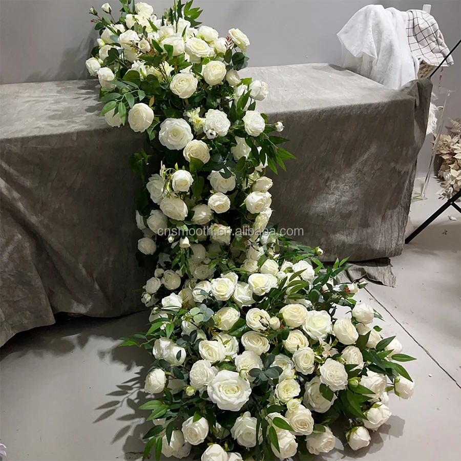 2024 New Design White Rose Leaves Flower Row Wedding Table Flower ...