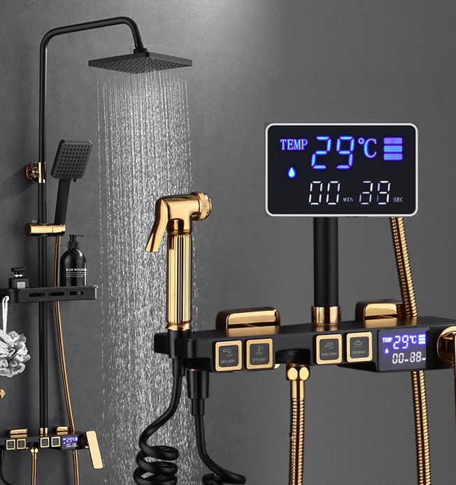 Цвета: черный золотистый интеллигентая (ый) Термостатический смеситель для душа голову все медные можно поднять и понизить кнопочного типа бытовой