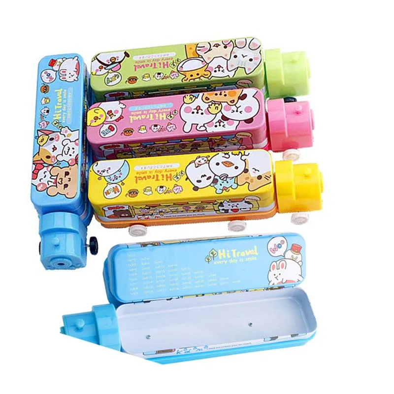 New Creative Multi-functional 3D Cartoon Kid Cute Cars Pencil Box Train Shape Double Layers Stationery Box