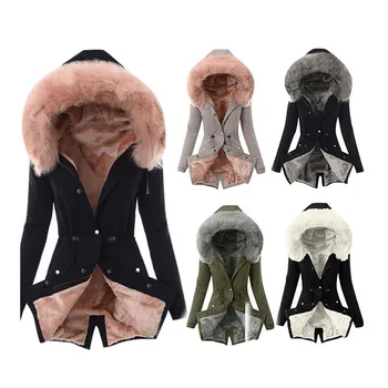 Ladies fur collar drawstring pure color casual warm cotton coat women plus velvet jacket