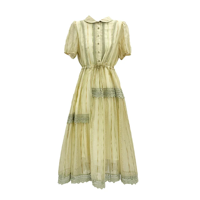 Vintage French Mori Style Medium Length Commuter Slimming Tight High-Waist Elegant Lace Jacquard Anti-Static V-neck Short Dress