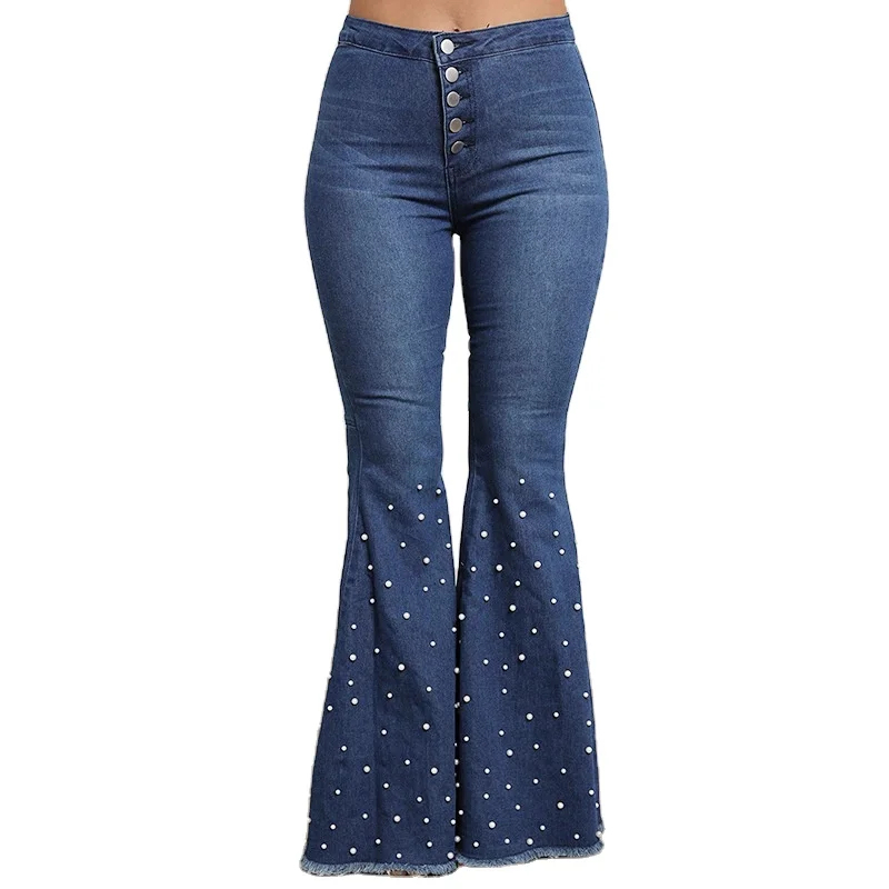 Pantalones Vaqueros De Cintura Alta Para Mujer,Pantalón De Pierna Ancha,Elástico,Con  Cuentas,Acampanados,De Talla Grande,Cl-549 - Buy Alta Calidad Tamaño Más  Pantalones De Mezclilla,Casual Damas Jeans Denim Pantalones De Pierna Ancha,Pantalones  Slim De 