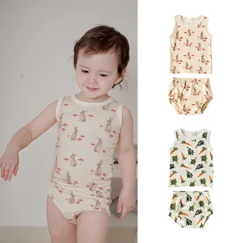 2024 summer new fashion new born baby clothes comfortable cotton infant clothes sleeveless print baby bodysuit set