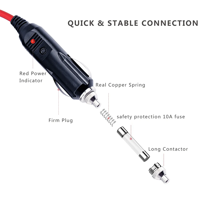 RIIEYOCA Cavo di alimentazione per accendisigari per auto 14AWG 12V, cavo di ricarica da maschio a maschio per accendisigari con luci LED e fusibile da 15A (1,5m/4,9ft