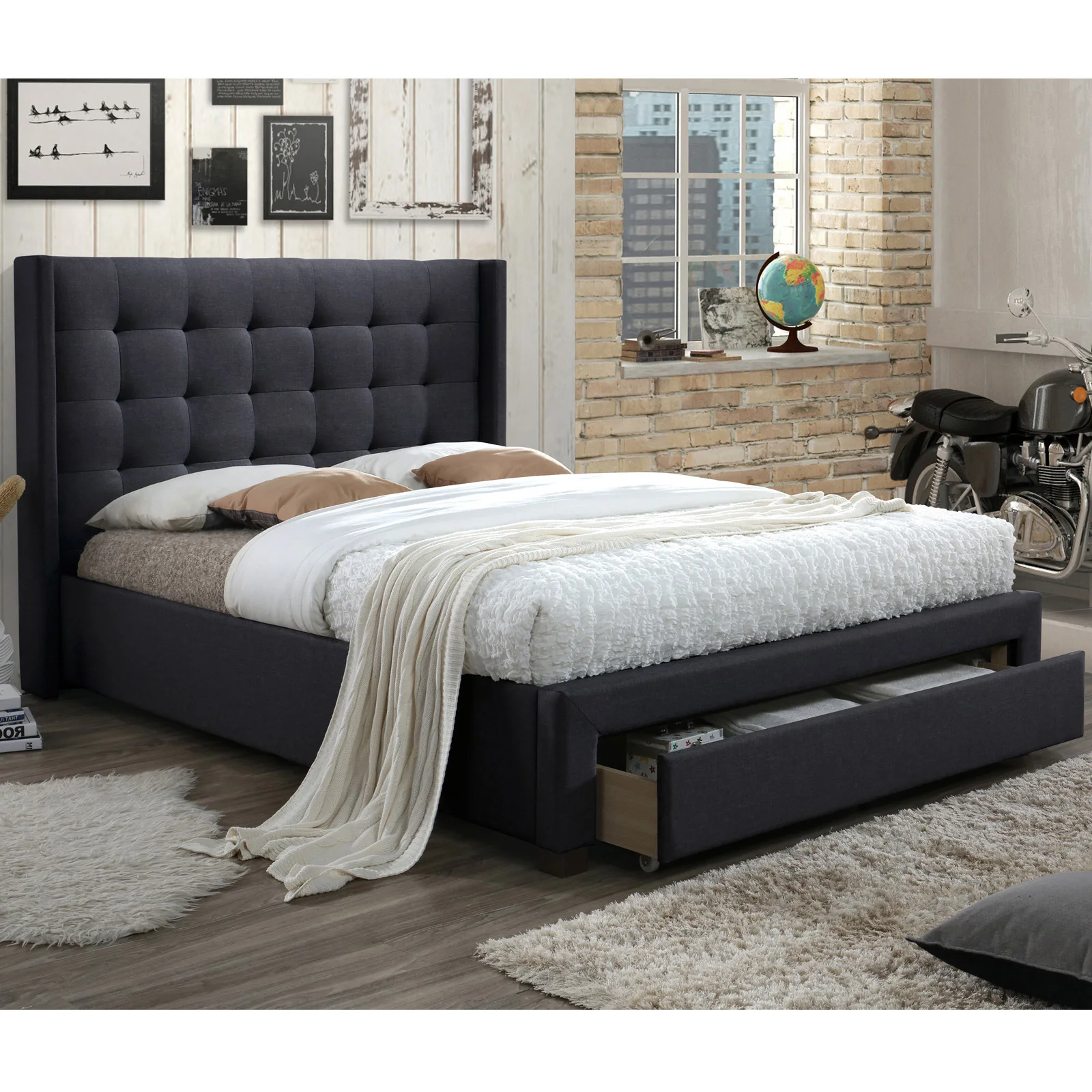 LVL Slats Storage Bed Frames With Drawer on the Footend and Button Tufted Design Bed Head Queen Size Low Price