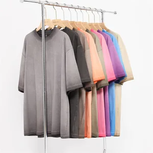 New Two-Color Gradient Neck Short-Sleeved Retro Washed Pure Cotton Loose Fit Solid Men's T-Shirt