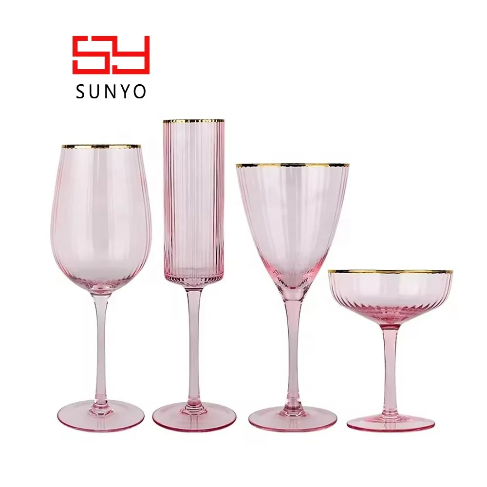 Sunyo Wholesale Hand Craft Customized Unique Gold Rim Pink Ribbed Wine Glasses Hot Pink Crystal Goblet Coupe Red Wine Glass