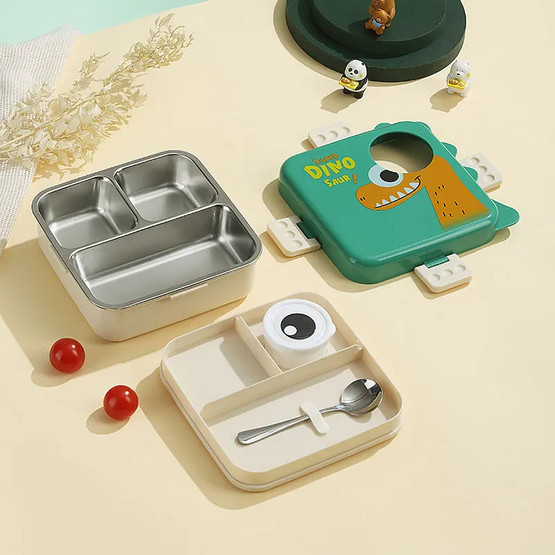 Cartoon 3 Compartment Kid Bento Box 304 Stainless Steel Lunch Box 1120ml+70ml Bento Kids Lunch Box  3 Grids with Sauce Bowl