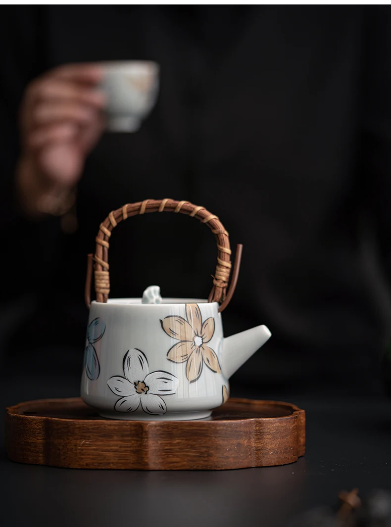 Japanese-Style Single Ceramic Teapot Ice Ash Cherry Rattan Raised Beam Small Pot with Japandi Design Style