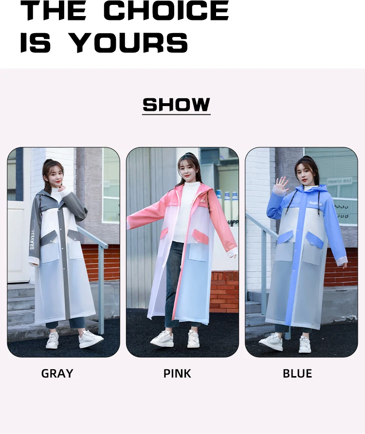 Custom Wholesale Long Raincoat Waterproof Camping fishingPlastic EVA rain coat with Hood details