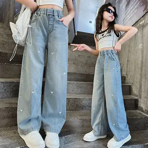 New Summer Casual Breathable Lyocell Denim Baggy Wide Leg Straight Jeans with Heart Pattern for Girls and Kids