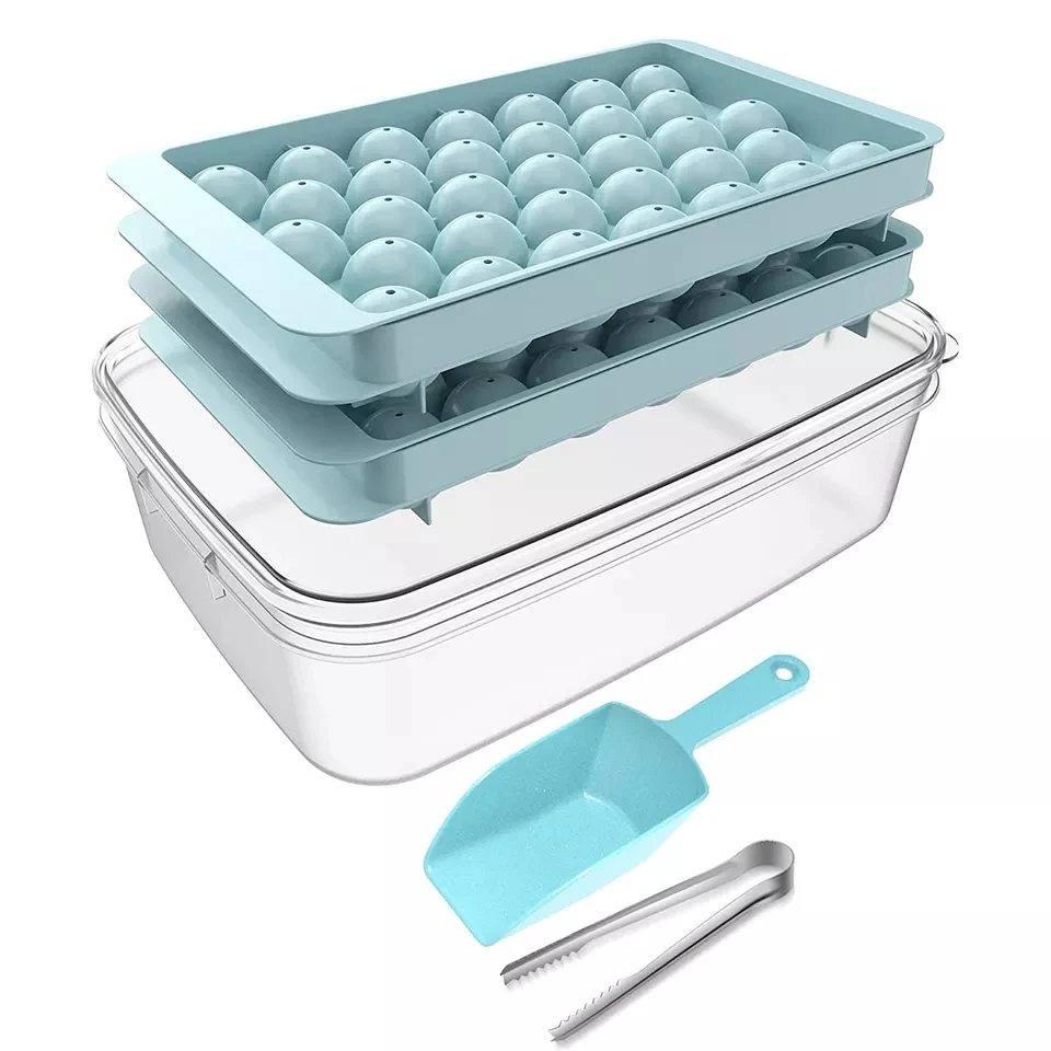 Blue Round Ice Cube Tray For Freezer With Small Spoon Lid And Bin 