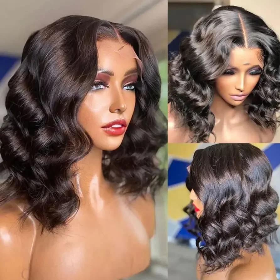 Korte Bob Parykker med Lace Front, Naturlig Kropbølge, 150% Densitet, 100% Ægte Hår, 13x6 til Sorte Kvinder_voghion.com