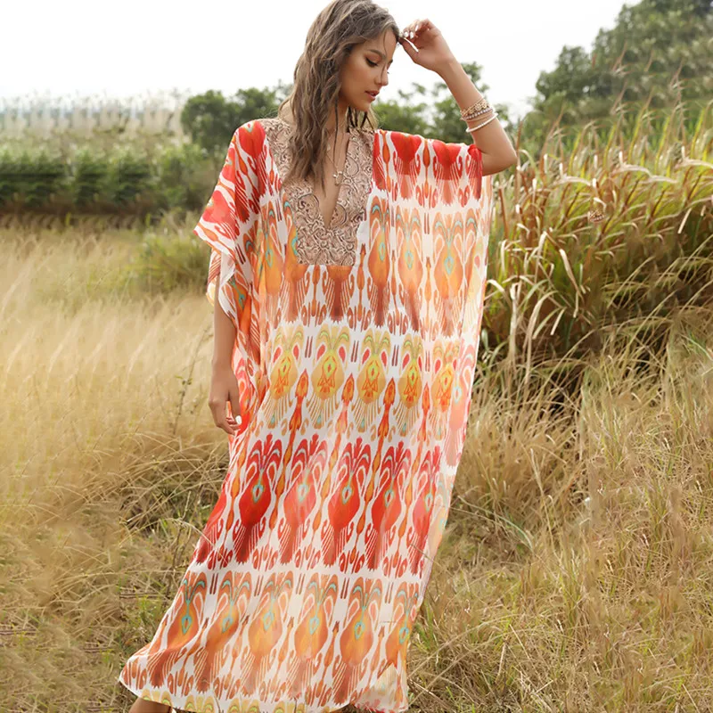 Elegant design v neck plus size bohemian maxi dresses women summer