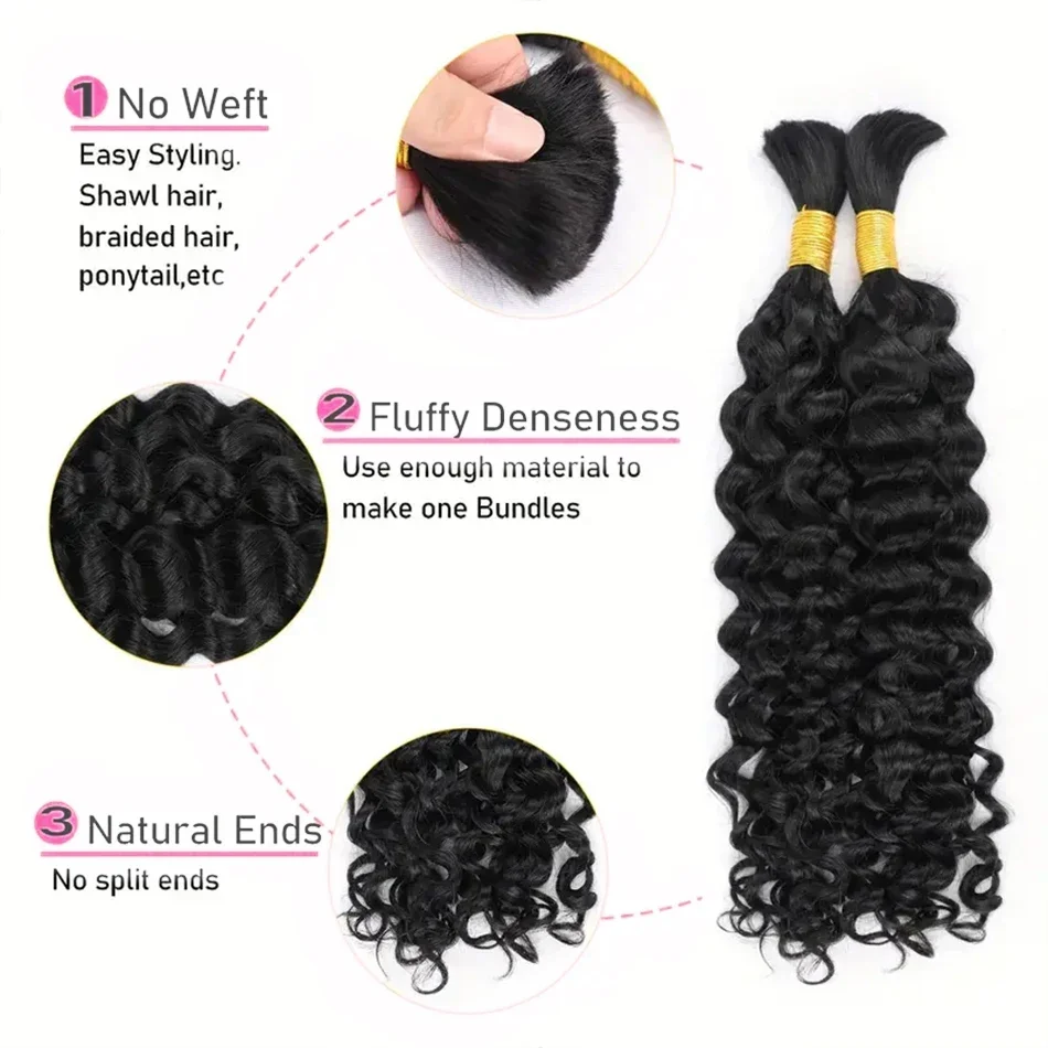 Capelli umani sfusi a onde profonde senza trama, trecce di capelli umani Remy per intrecciare, colore nero naturale, capelli ricci sfusi per intrecciare per donne #1B_voghion.com