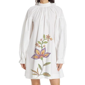 Wisrise Fashion Factory Custom Floral Print White Cotton Stand Collar with Bow Tie Back Mini Dress
