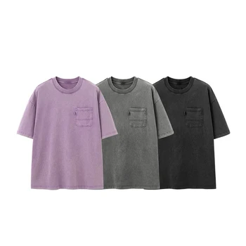 Zewu Men's Retro Style Old Dune Tooling T-Shirt 25 Spring/Summer 270G Heavy Cotton Washed Solid Short 100% Knitted Cotton Blank