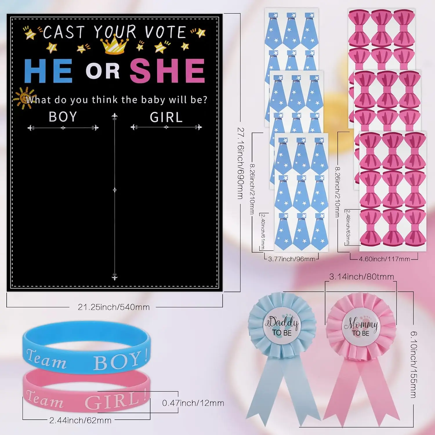 77 Pieces Boy or Girl Voting Game Gender Reveal Stickers Bracelets for Gender Reveal Guess Game Party Decoration